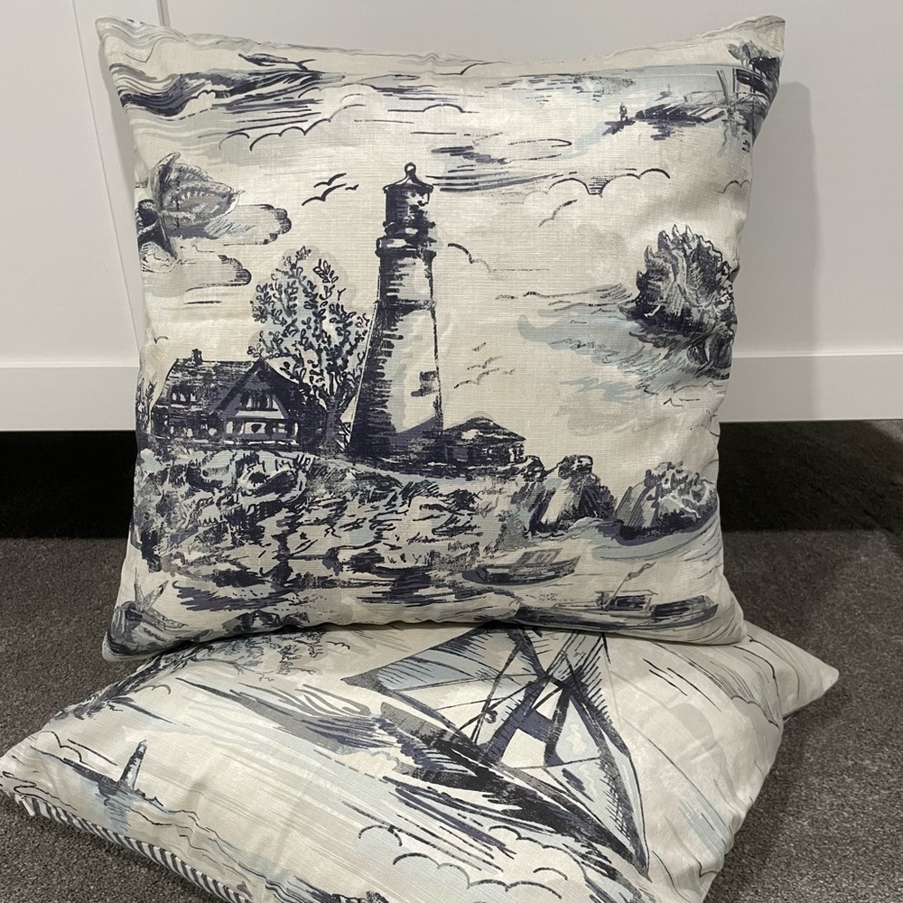 2 Pottery Barn Cushion Covers- Nautical Boat 18” Square 2 Feather Pillow Inserts